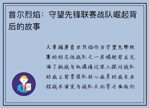 首尔烈焰：守望先锋联赛战队崛起背后的故事